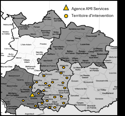 Territoire d'intervention d'AMI Services dans le Val d'Oise